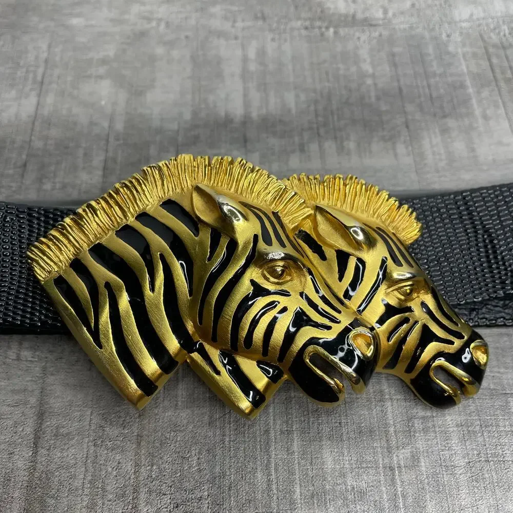 Vintage DOREEN RYAN Double Zebra Head Gold Black 1.25 in adjustable belt 35 in